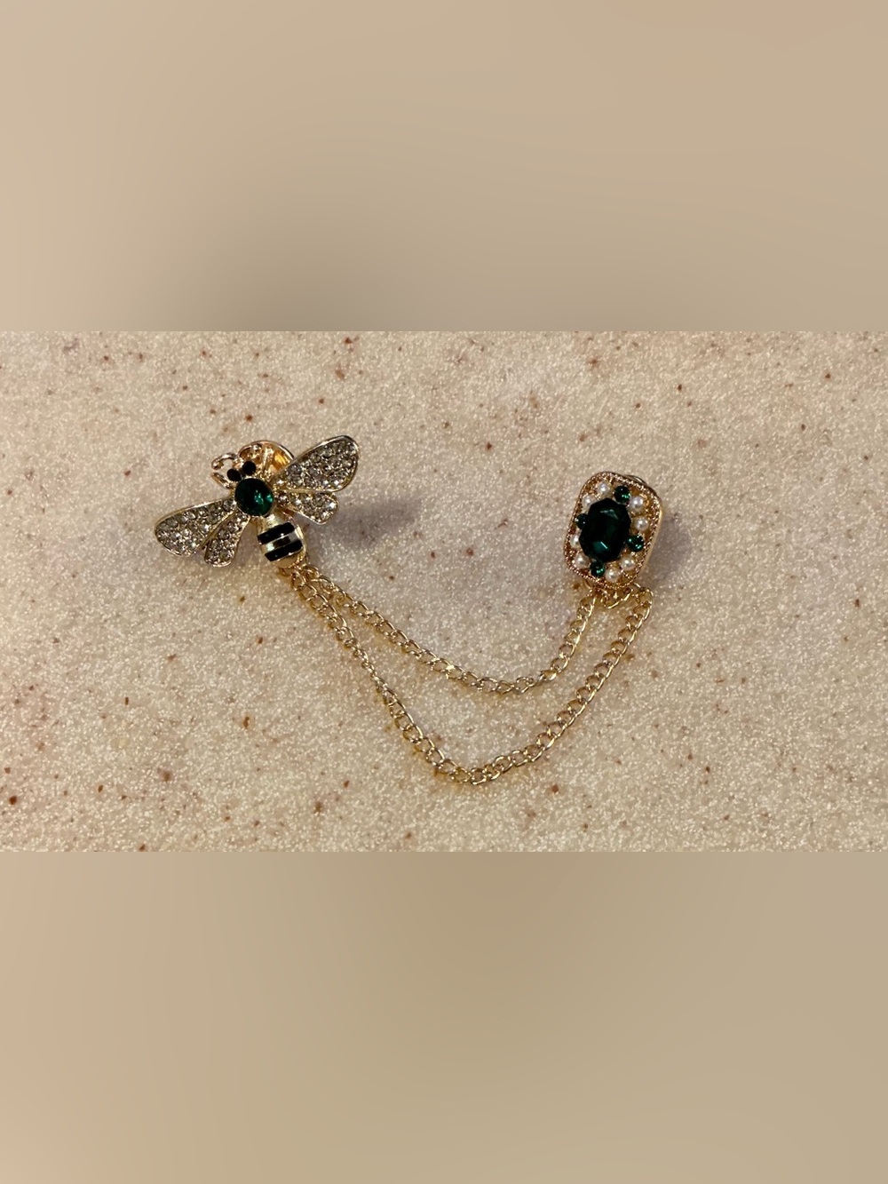 Gold Bee Double Pin Brooch with Emerald Green Stones - Fashion Jewelry